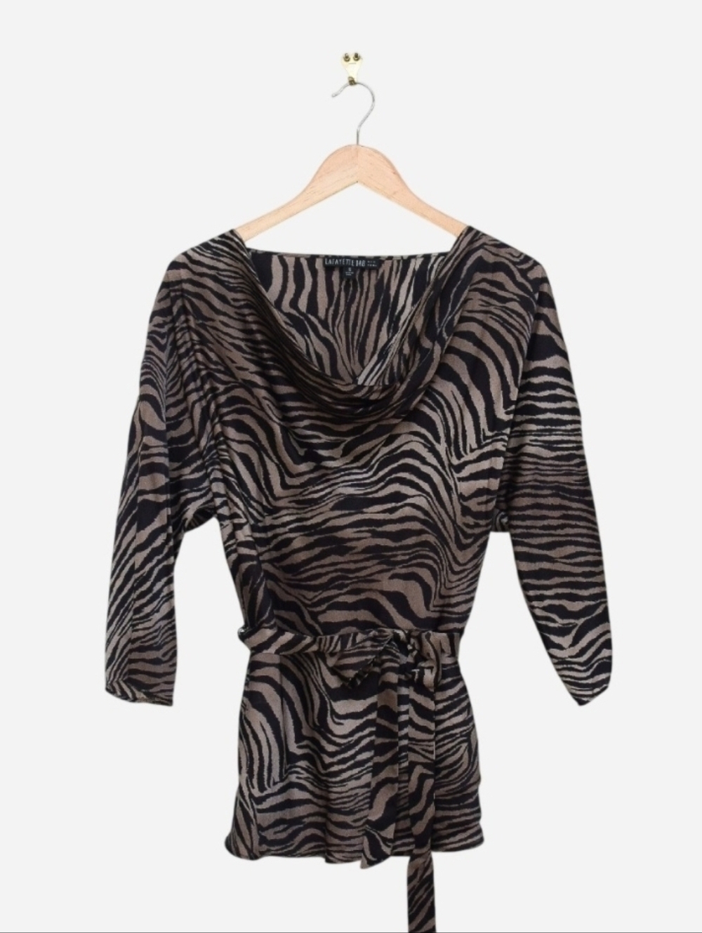 Lafayette 148 Silk Animal Print Belted Blouse Cowl Neck Size 10 Brown Tie Waist